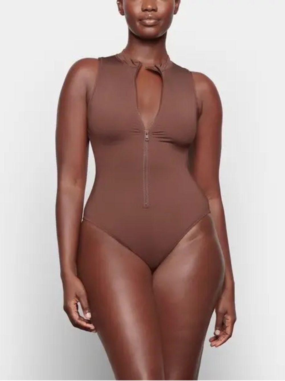 SKIMS Swim Brown Zip Front Bathing Suit 2X Mock Neck Sculpting One Piece Minimal